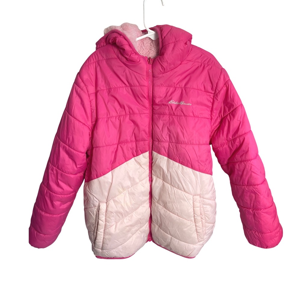 Eddie Bauer Kids Puffer Jacket Pink Light Pink Hooded Reversible Size M 10 12